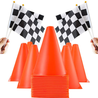 Conos de tráfico y banderas de carreras | Haz tu fiesta espectacular - Ideal para tema de autos de carrera